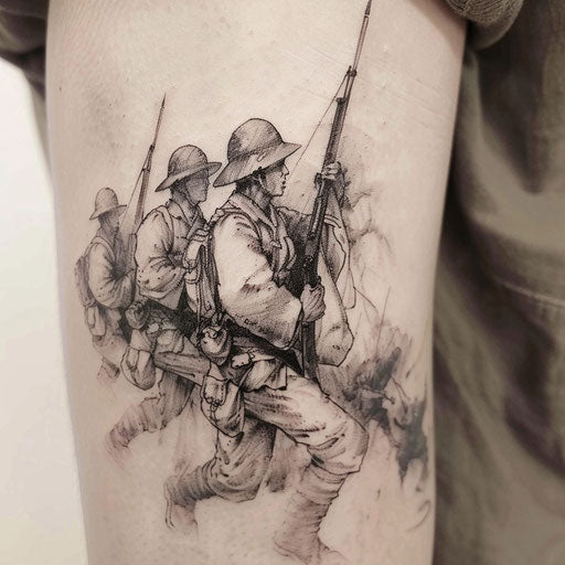 Bold and graphic Korean war scene tattoo, with historical warriors, inked on a white background.