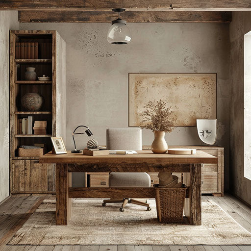 Rustic home office with a reclaimed wood desk and vintage decor