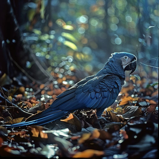 Spix's macaw searching forest floor