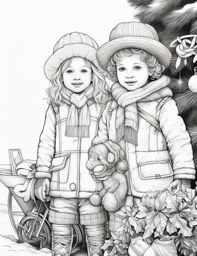Holiday coloring book with two children, in the style of Andrzej Sykut, monochromatic scheme 24:31