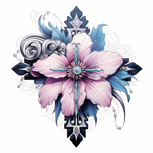 White flower with white feathers, chicano tattoo style