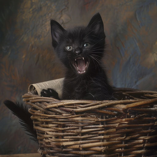 Black kitten with open mouth in a wicker basket