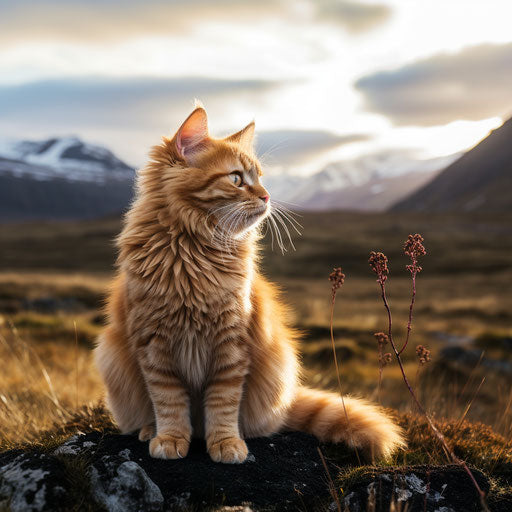 Ginger cat sitting in front of mountain scenery
