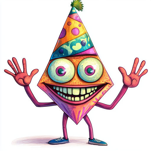 Humorous caricature of a triangle with human characteristics and exaggerated expressive eyes