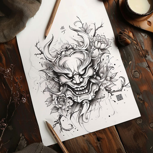 Tranquil sketch of a Hannya mask in a peaceful Zen garden