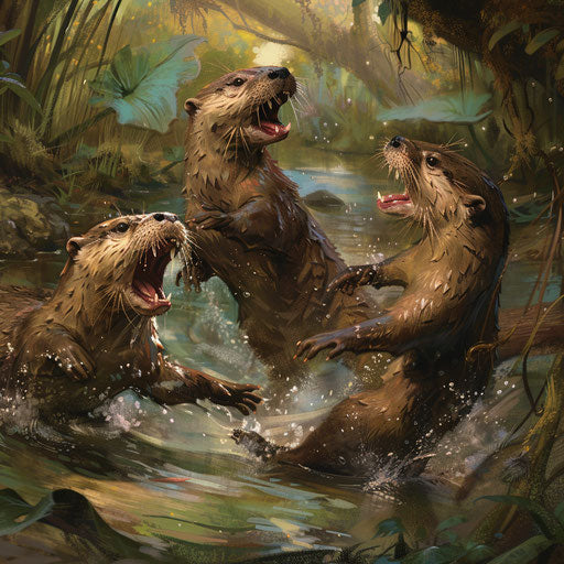 Playful scuffle among otter siblings on a lush riverbank