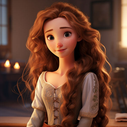 Disney princess with long hair and face, charming frivolity