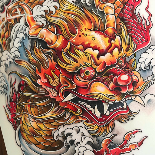 Traditional Chinese foo dog tattoo on bright white background