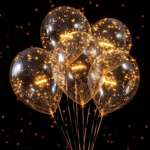 Six transparent balloons with golden lights