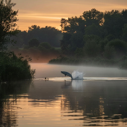 Serene sunrise over calm river with majestic white sturgeon
