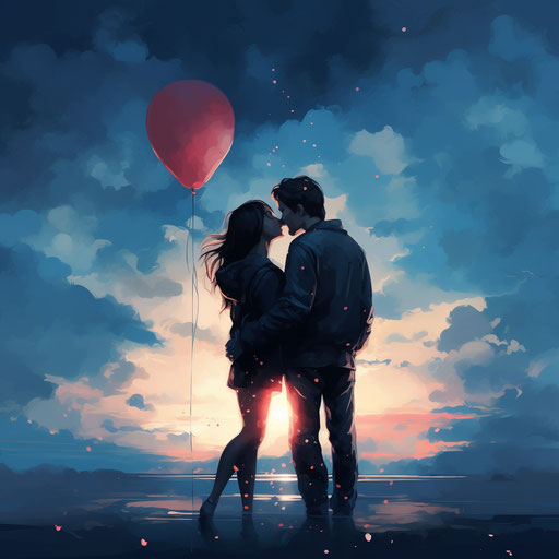 Lovers kissing under the moon with balloons