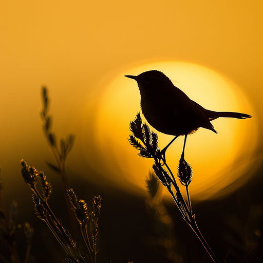 Wren bird silhouetted against a golden sunrise