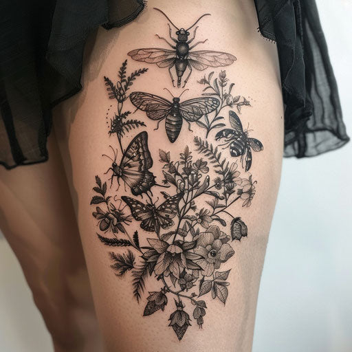 Thigh tattoo with detailed insect illustrations