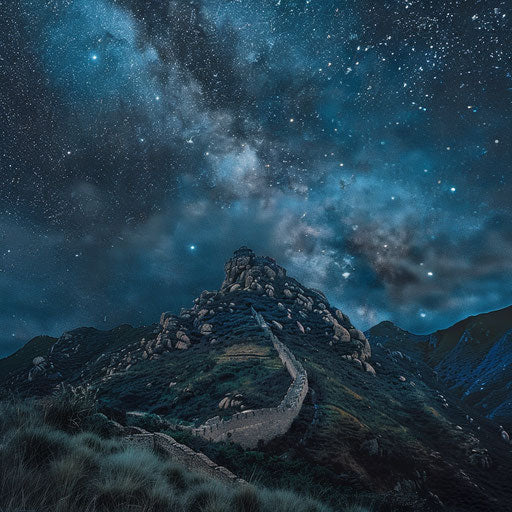 Mount Tai under a starry night sky, in the style of Leszek Bujnowski