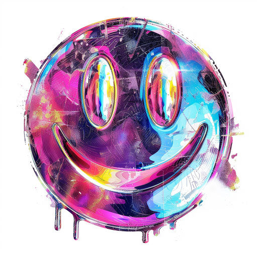Futuristic holographic smiley face tattoo design, iridescent colors, on white.