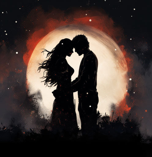 Silhouette of a man and woman in front of the moon, love aesthetic