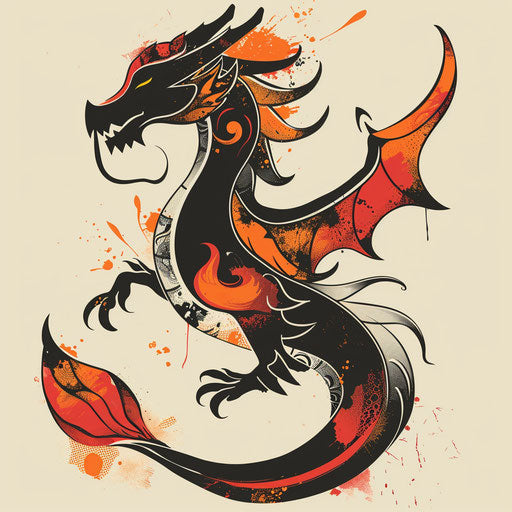 Dragon silhouette in clipart style, fiery reds and oranges with black outlines