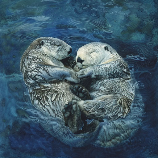 Sea otters holding hands while sleeping in the open ocean, a peaceful scene of ecological harmony.