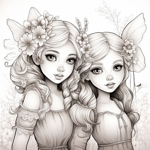 The coloring pages of the two little fairy girls, ultra realistic and graphical style
