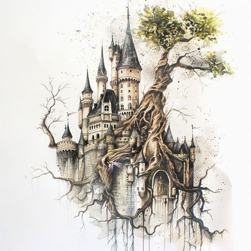 Fairy tale castle and fairy tattoo design