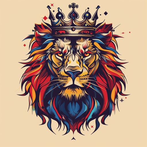 Flat tattoo sketch of a lion with a crown