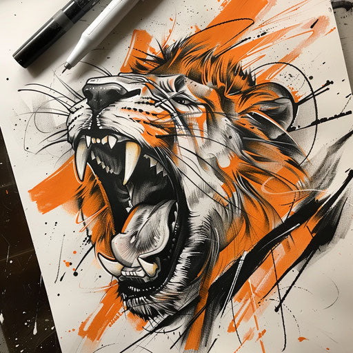 Bold tattoo sketch of a roaring lion, using dynamic orange and black strokes