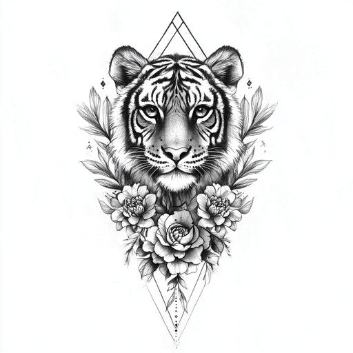 Hand tattooed tiger with delicate floral embellishments