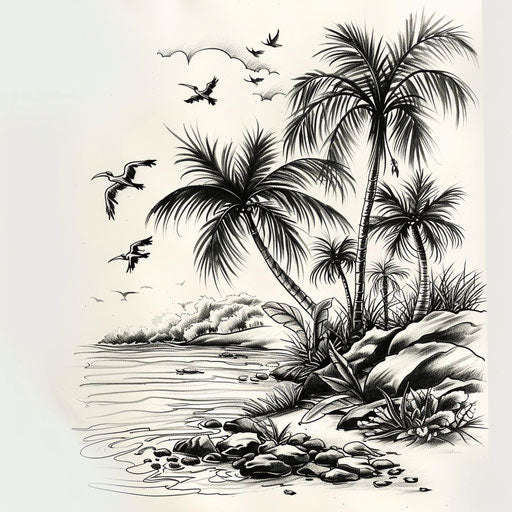Exotic flat tattoo sketch of a tropical riverside with lush palm trees and exotic birds