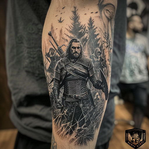 Strength tattoo with a medieval fantasy twist, in the style of Peter Jackson