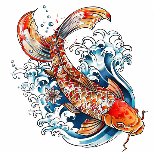 Japanese koi fish style smiley face tattoo with waves