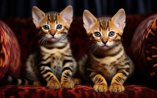 Two Bengal kittens sitting on a couch