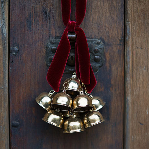 Shiny jingle bells on rustic wooden door