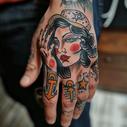 Men's hand tattoo classic pin-up anchors Sailor Jerry style