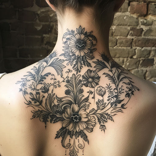 Botanical back neck tattoo, M. S. Merian style