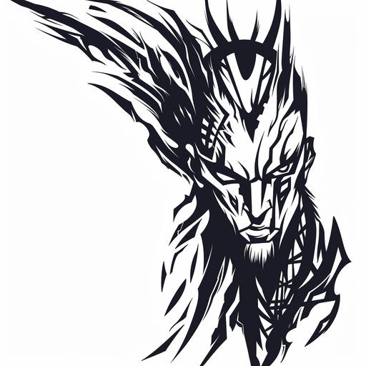 Tribal tattoo of Hades, bold black lines on white background