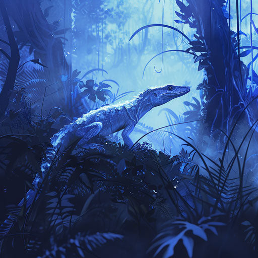 Blue skink in an ethereal forest landscape in the style of Vincent Munier