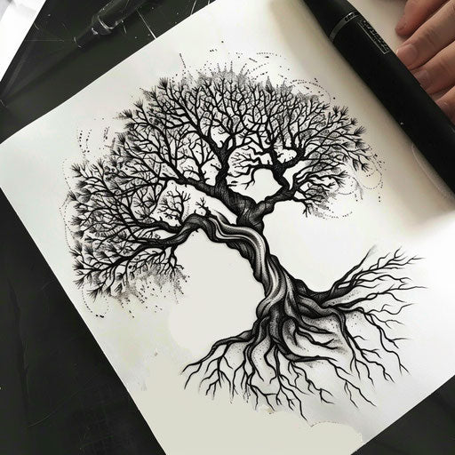 Tree of life tattoo with roots and branches, growth and connection