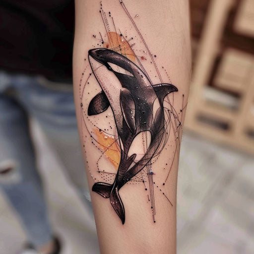 Elegant orca whale tattoo sketch, styled with delicate fine lines and pastel shades
