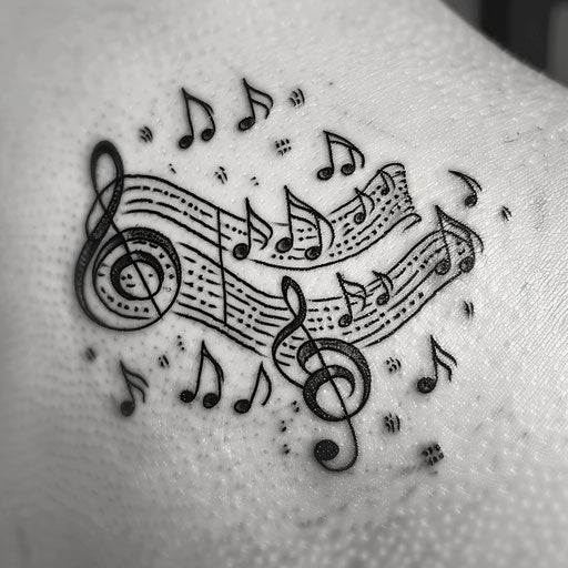 Music note tattoo collection with various patterns on white background