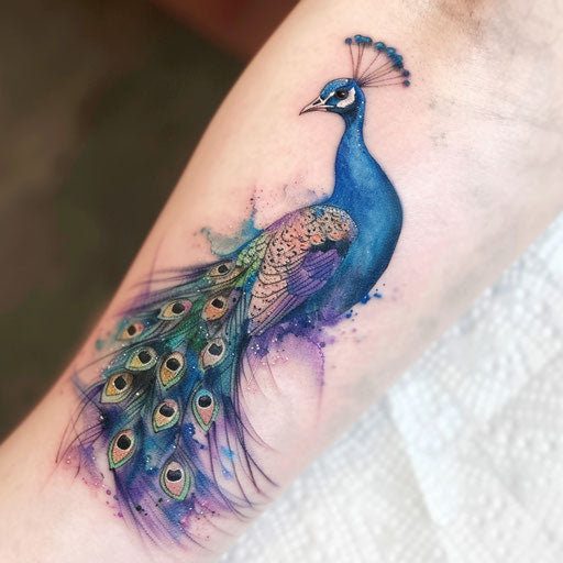 Watercolor-style peacock tattoo, blend of purples, blues, greens on white