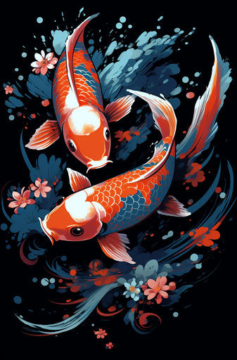Koi fish in water, graffiti-influenced style, symbolic elements