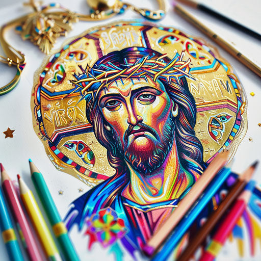 Drawing of a Byzantine icon of Jesus Christ as colorful tattoo