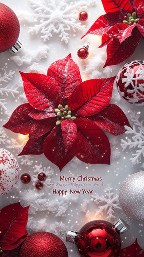 Red poinsettias and white snowflakes with Christmas ornaments on light gray background