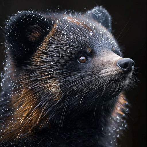 Tanuki with dewdrops on its fur, soft and gentle