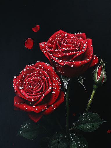 Three red roses with water droplets and diamonds, on black background, with red rose petals.