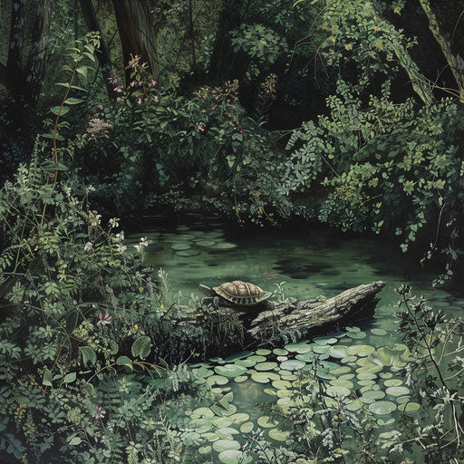 Serene pond with a turtle on a log surrounded by dense shrubs
