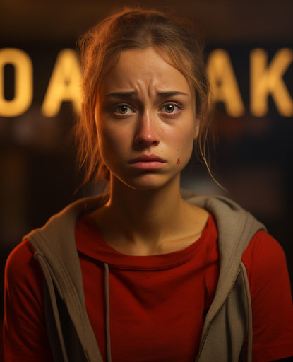 Sad face with 'I am okay' in gold and red, innocent