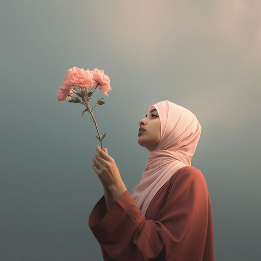 Woman holding a pink flower, light sky-blue and light brown style