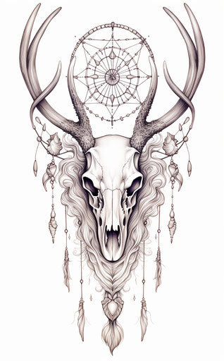 Dream catcher with antlers, feathers, and skull