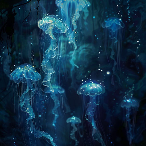 Glows of jellyfish in the ocean depths